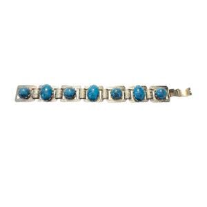 Vintage Etched Silver Panel Link Faux Turquoise Bracelet